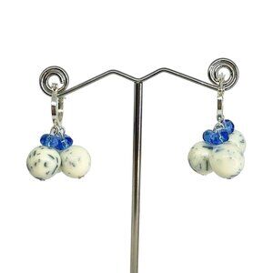 Handcrafted Blue And White Dangle Hoop Earrings With Speckled Beads